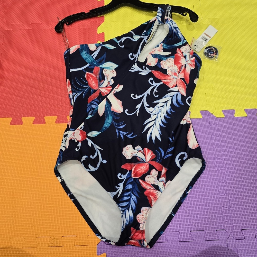 Carmen Marc‎ Valvo One Shoulder One Piece Swimsuit Floral Maritime Size 12 NEW